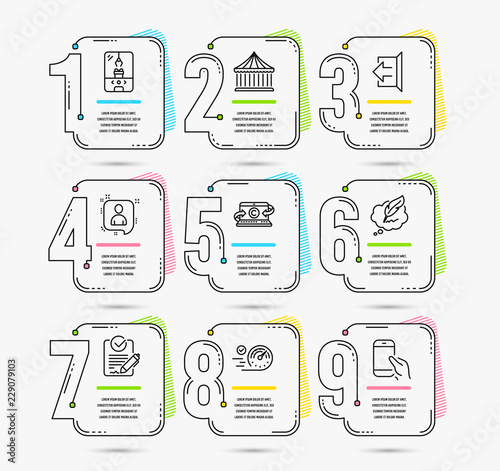 Infographic template with numbers 9 options. Set of Copywriting notebook, Copyright chat and Rfp icons. Crane claw machine, Carousels and Sign out signs. Vector