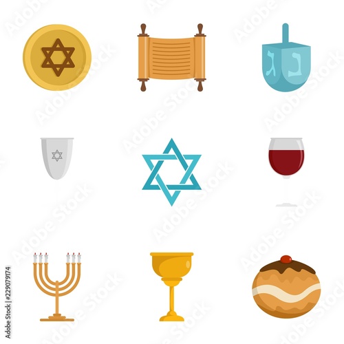 Jewish religion icon set. Flat set of 9 jewish religion vector icons for web design