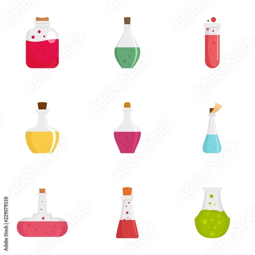Alchemy potion icon set. Flat set of 9 alchemy potion vector icons for web design