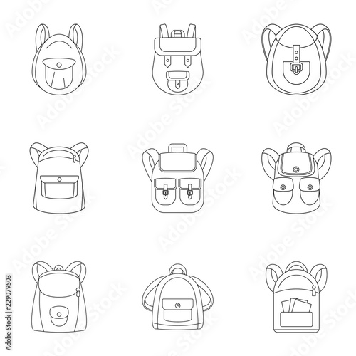 Camping backpack icon set. Outline set of 9 camping backpack vector icons for web design isolated on white background