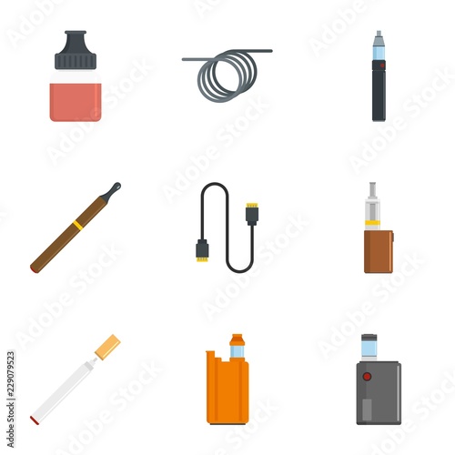 Electronic cigar icon set. Flat set of 9 electronic cigar vector icons for web design