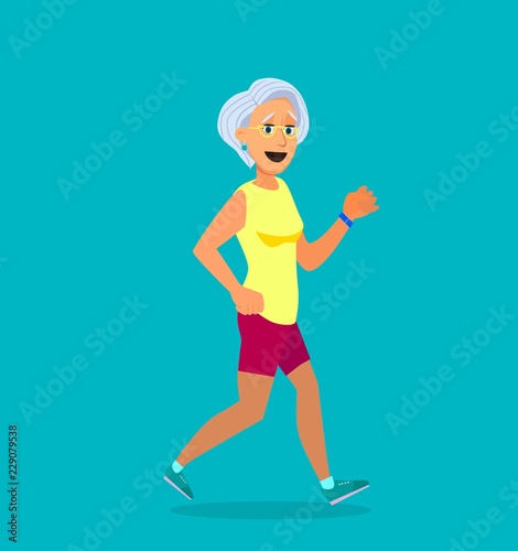 Senior people on scamper . Elderly woman run with armband for jogging. Adult people sport activities. Vector Illustration