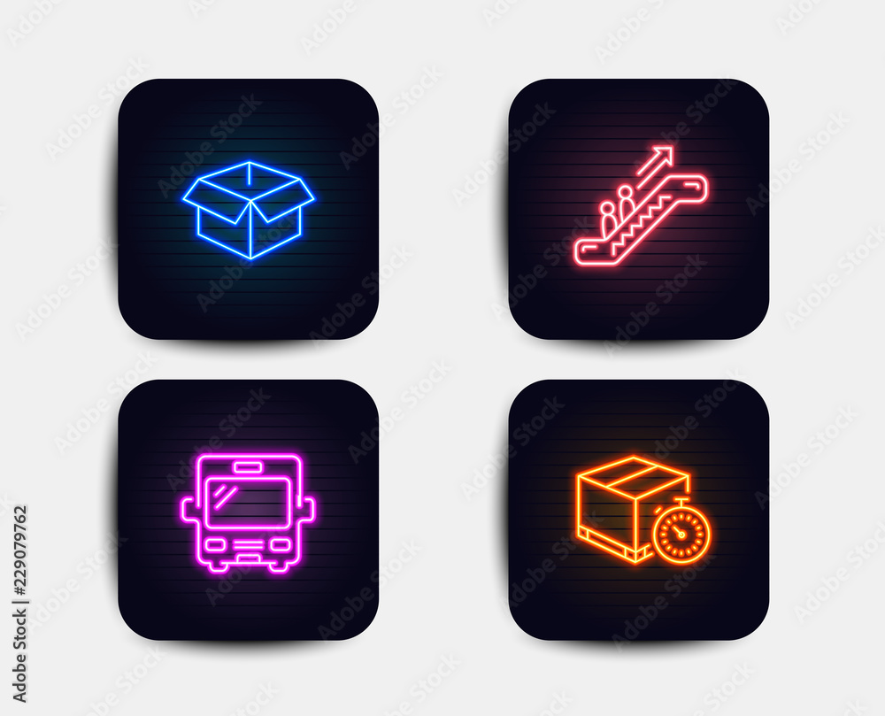 Neon glow lights. Set of Bus, Escalator and Opened box icons. Delivery timer sign. Tourism transport, Elevator, Shipping parcel. Express logistics.  Neon icons. Glowing light banners. Vector