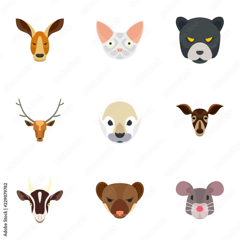 Animal head icon set. Flat set of 9 animal head vector icons for web design
