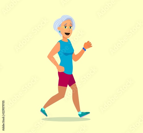 Senior people on scamper . Elderly woman run with armband for jogging. Adult people sport activities. Vector Illustration
