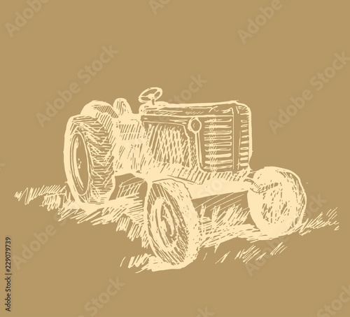 Wheel agricultural tractor. vector sketch on the background of farmland