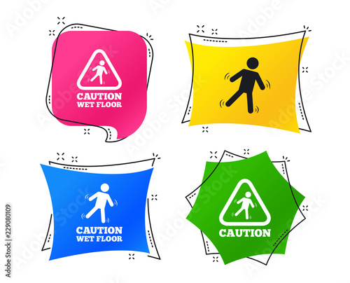Caution wet floor icons. Human falling triangle symbol. Slippery surface sign. Geometric colorful tags. Banners with flat icons. Trendy design. Vector