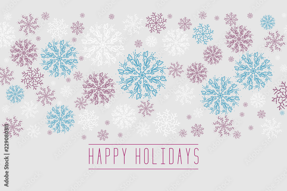 Christmas background with snowflakes and place for text. Winter white, blue,red snowflakes minimal decoration on white, greeting card. New Year Holidays backdrop. vector