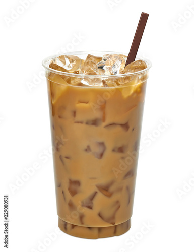 Slika na platnu Iced latte or coffee in plastic to go or takeaway cup mock up isolated on white background