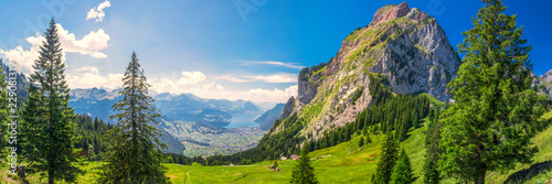 Beautiful summer landscape of Switzerland with Grosser Mythen mountain and green meadows, Ibergeregg, Switzerland, Europe.