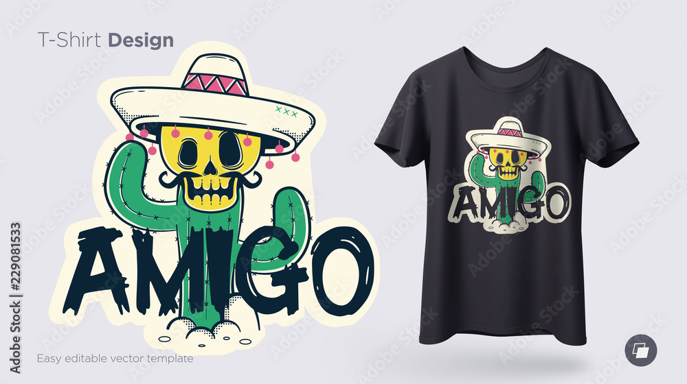 Funny skeleton illustration. Print on T-shirts, sweatshirts and souvenirs. Illustration with spanish word friend - obrazy, fototapety, plakaty 