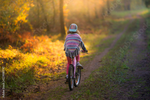 dziewczynka na rowerze w lesie. Piękna polska jesień