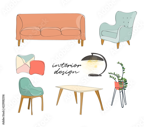 vector interior design illustration. home house decor decoration. hand drawn furniture living room lounge. modern contemporary designer trendy style. trend. mood board