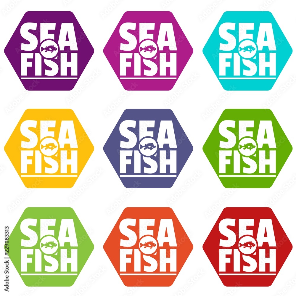Sea fish shop icons 9 set coloful isolated on white for web Sea fish shop icons 9 set coloful isolated on white for web