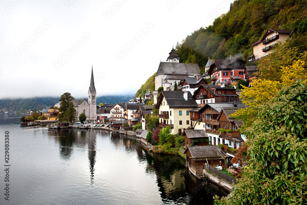 Famous view of small village Hallstatt in Upper Austria