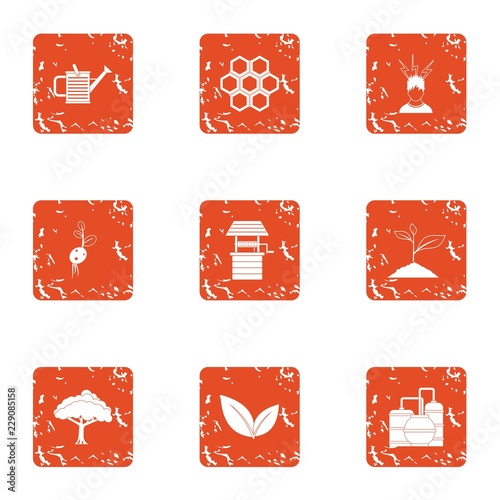 Bee plantation icons set. Grunge set of 9 bee plantation vector icons for web isolated on white background