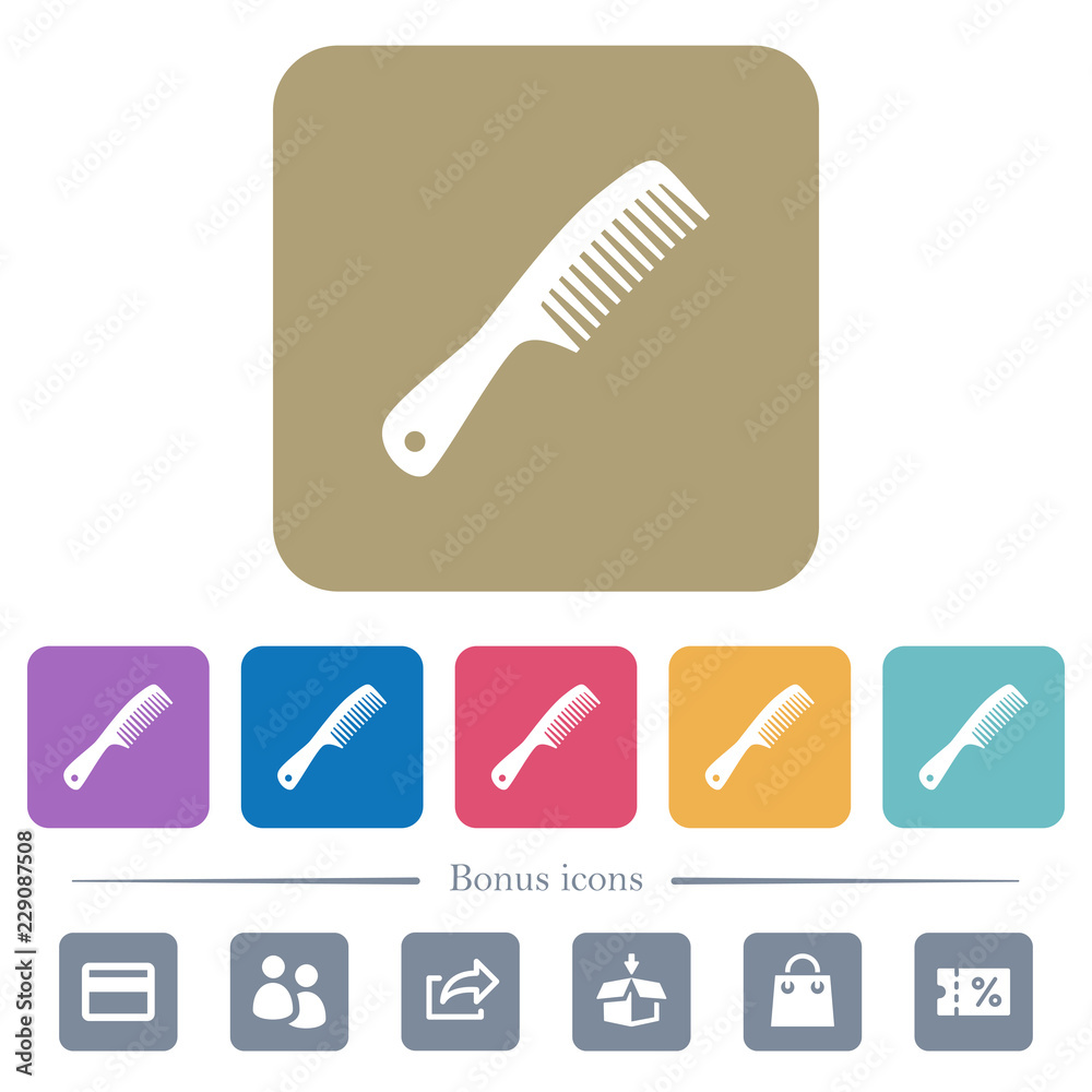 Comb with handle flat icons on color rounded square backgrounds Comb with handle flat icons on color rounded square backgrounds