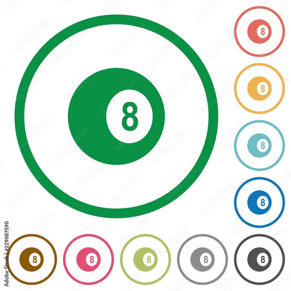 Black eight billiard ball flat icons with outlines Black eight billiard ball flat icons with outlines