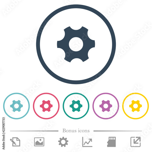 Single cogwheel flat color icons in round outlines