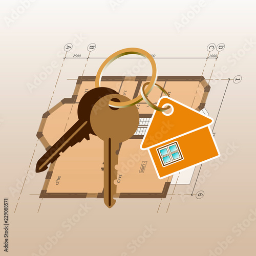 Keyring with keys on a house drawing background