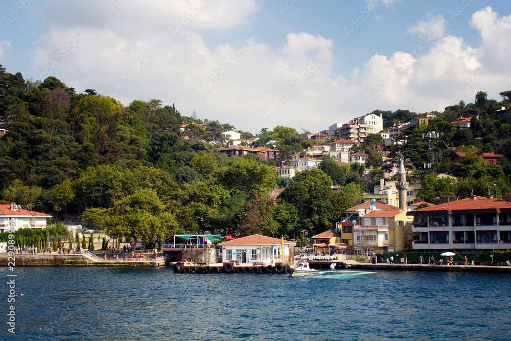 View of historical, old ferry pier and neighborhood by Bosphorus on Asian side of Istanbul.