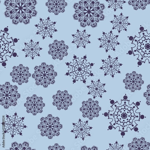 Print op canvas Dark blue snowflakes falling down on azure background