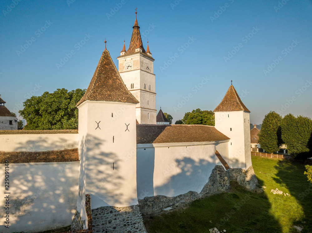 Aerial view of Harman fortified church in Transylvania Romania