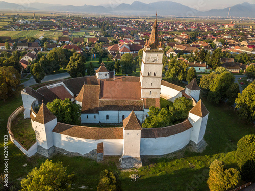 Aerial view of Harman fortified church in Transylvania Romania