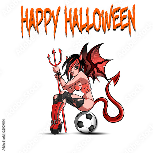 Sexy devil woman sitting on a soccer ball
