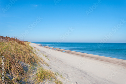 Fototapeta Naklejka Na Ścianę i Meble -  bright wild beach of white sand by the blue sea, Curonian Spit National Park