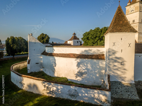 Aerial view of Harman fortified church in Transylvania Romania photo