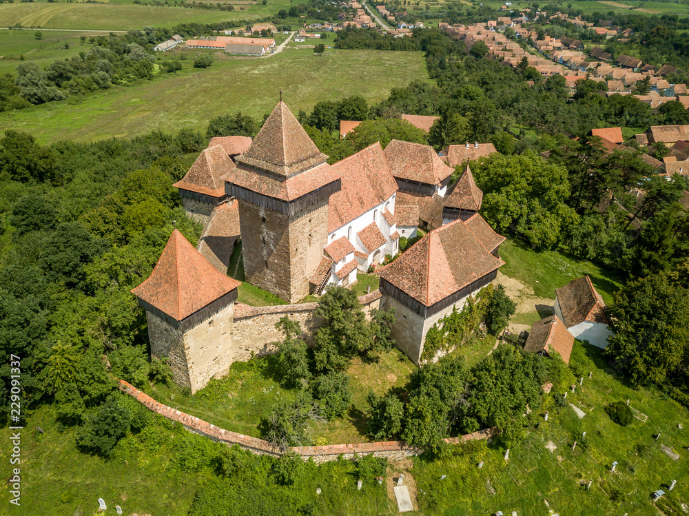 Aerial view of Viscri fortified medieval church in Transylvania Romania