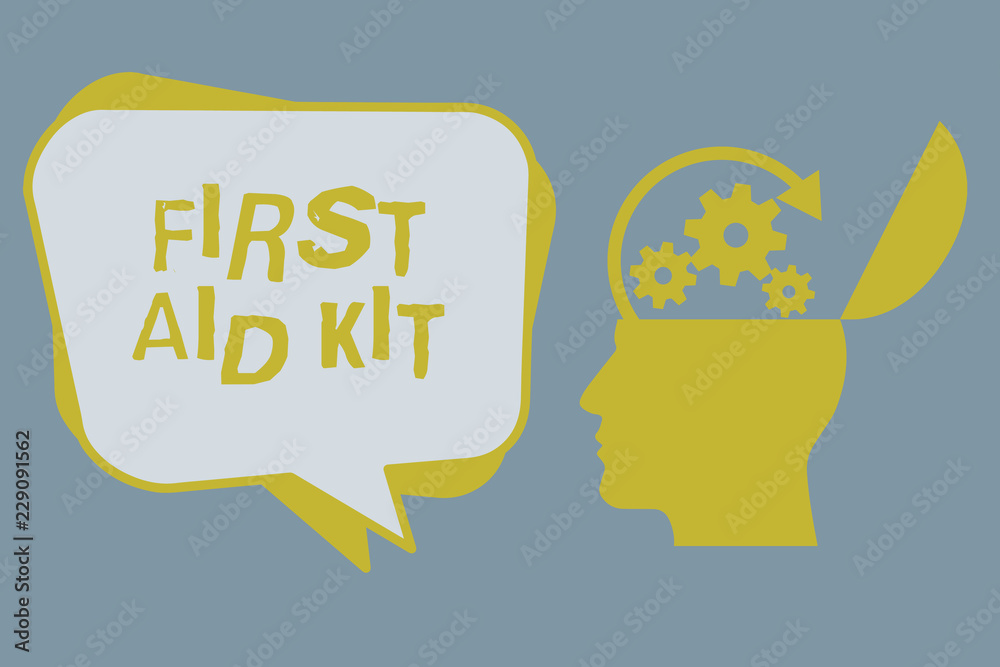 Handwriting text First Aid Kit. Concept meaning Set of materials and tools used for giving emergency treatment.
