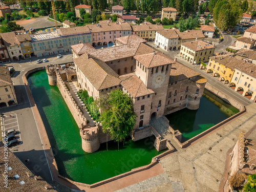 Aerial view of Fontanellato castle with green water in the moat near Parma Italy