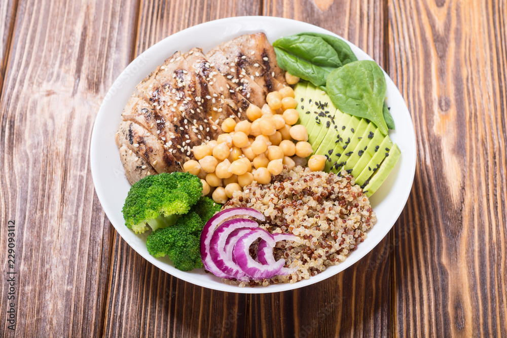 Buddha bowl with broccoli , quinoa , grilled chicken , avocado and spinach