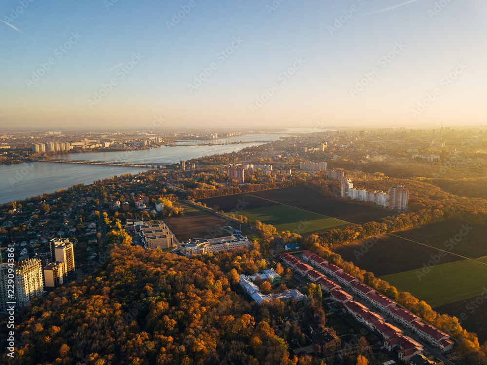Aerial view of Voronezh in autumn evening from height of drone flight Aerial view of Voronezh in autumn evening from height of drone flight