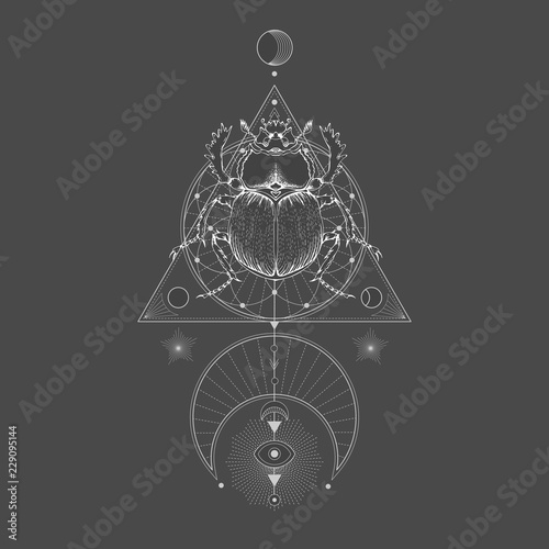 Vector illustration with hand drawn scarab and Sacred geometric symbol on black vintage background. Abstract mystic sign. 
