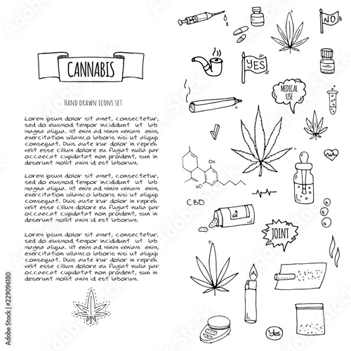 Hand drawn doodle Cannabis icons set Vector illustration sketchy symbols collection Cartoon concept elements Marijuana, Bag, Medical Use, Leaf, Drug, Legalization, CBD chemical formula, pipe, joint