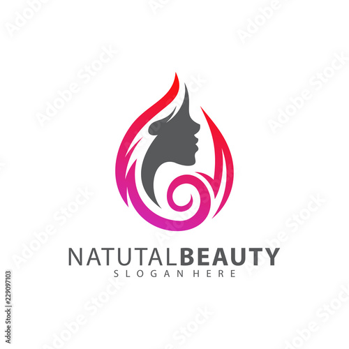 Beauty Woman face with hair logo design vector template.