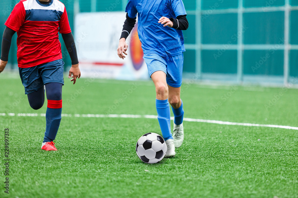 Children are kicking soccer classic white and black ball. Young kids football action. Boys are running after the Ball on green artificial grass. Footballers in blue and red shirts Children are kicking soccer classic white and black ball. Young kids football action. Boys are running after the Ball on green artificial grass. Footballers in blue and red shirts