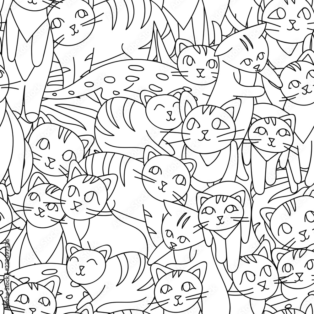 black and white hand drawn cats vector pattern. Doodle art. black and white hand drawn cats vector pattern. Doodle art.