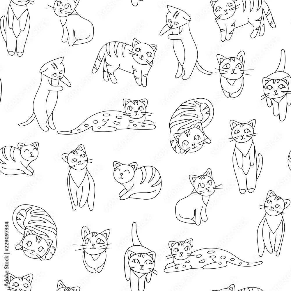 black and white hand drawn cats vector pattern. Doodle art.