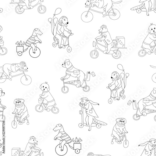 Dogs ride bicycles. Animals travel on business. Circus with dogs. Baby print for boys and girls.