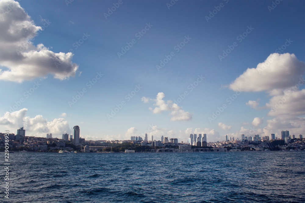 View of the European side of Istanbul from a boat on Bosphorus.
