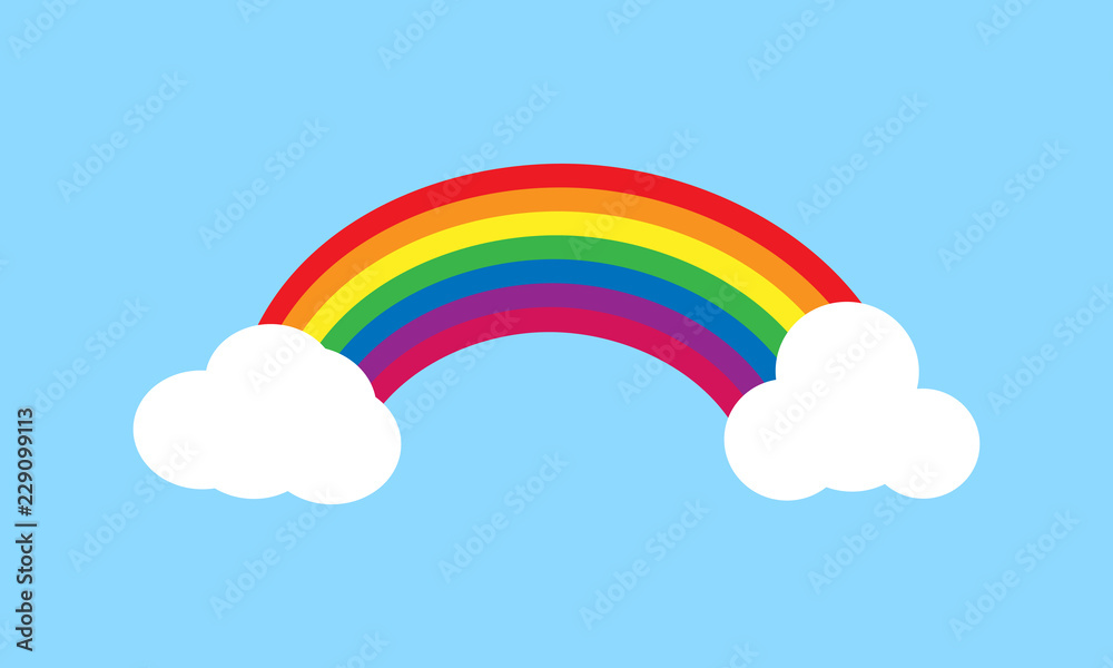 flat cartoon 7 colours rainbow with two clouds and blue sky