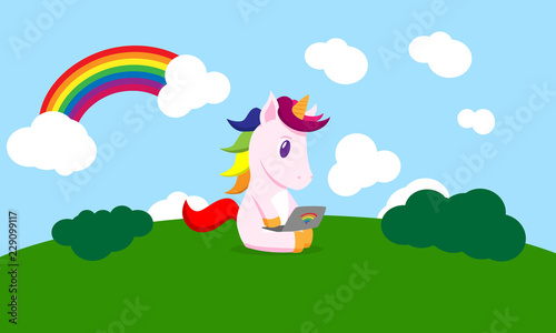 flat cartoon unicorn with laptop in the middle of the camp photo