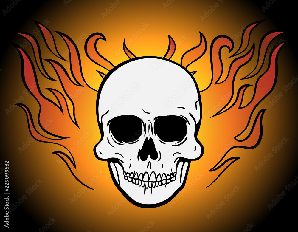 Fototapeta premium Front view vector illustration of a human skull symbol or logo with fire wings or hair