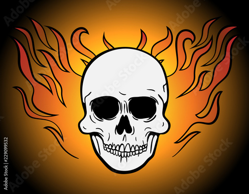 Front view vector illustration of a human skull symbol or logo with fire wings or hair