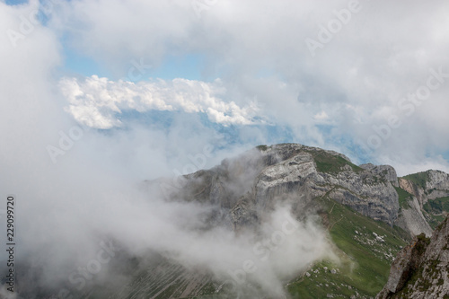 View mountains scene from top Pilatus Kulm in national park Lucerne, Switzerland, Europe. Summer landscape, sunshine weather, dramatic sky and sunny day