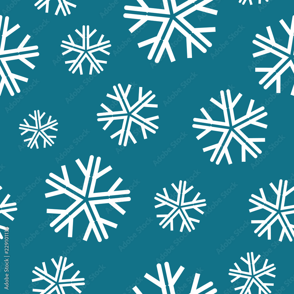 Beautiful winter seamless pattern design with white snowflakes on a teal blue background For textiles, decorations, Christmas cards and party invitations. Perfect for decor and graphic design uses.